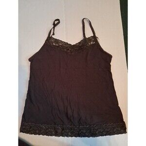 Elle Must Have Tank Womens M Brown Pima Cotton V Neck Lace Trim Camisole